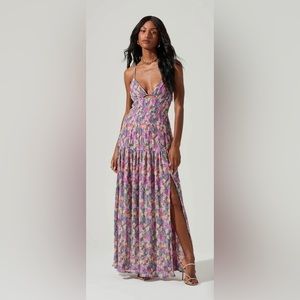 ASTR - Tropics Plunge Neck Pleated Open Back Maxi Dress Color: Blue pink floral